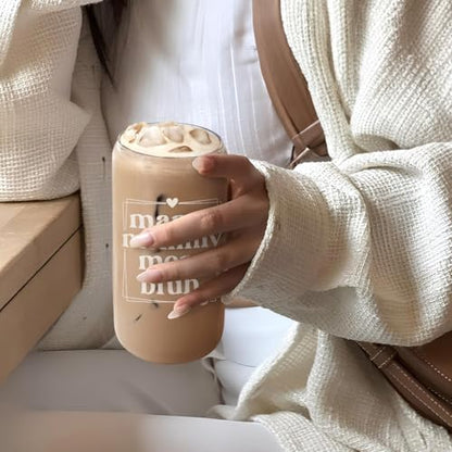 SANDJEST Mother Glass Can, Mama Mommy Mom Bruh Cup with Lid & Straw, Iced Coffee Aesthetic Cups, Idea Gift for Christmas Birthday Mother Day, Gifts for Women, 16oz - color: Mom 3