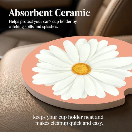 Daisy Car Coasters Set of 2, Boho Flowers Car Ceramic Accessories, 24 - color: Daisy