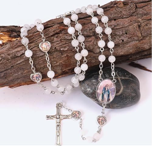 Nazareth Store Natural Stone Beads with Miraculous Epoxy Heart Metal Beads Rosary Necklace Gemstone Christian Gifts - color: Clear Agate