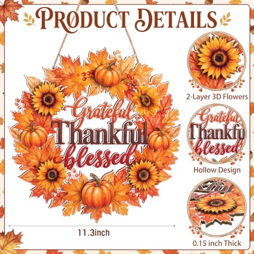 Yalikop Thanksgiving Door Sign Decorations Wreath Wooden Fall Autumn Hanging Sign 3D Hollow Maple Leaf Pumpkin Front Door Hanger Wall Decor for Harvest Porch Indoor Outdoor Home Decorations - style: Grateful Thankful