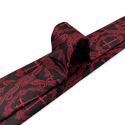 KOOELLE Men's Necktie Novelty Cross Paisley Pattern Tie - color: Red & Black