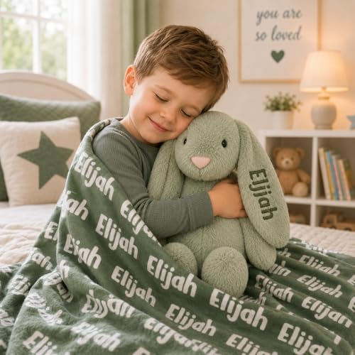 Personalized Embroidered Green Stuffed Bunny, Baby Boy Gift, Bunny Plush, Cute Stuffed Animal, Stuffed Animals for babies, Baby Dedication Gifts for Boys, Rabbit Toy, Newborn Toy (Green Bunny) - color: Green Bunny