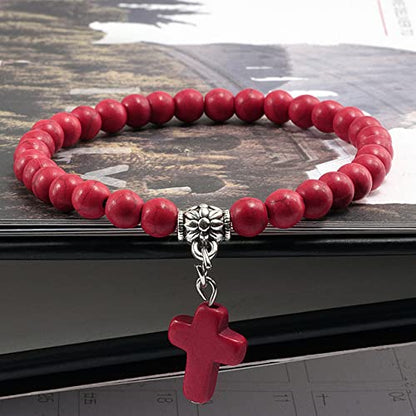 Softones 6mm Bead Cross Pendant Bracelet for Women Healing Stone Stretch Prayer Bracelet for Women,with Gift Box - color: Red Turquoise