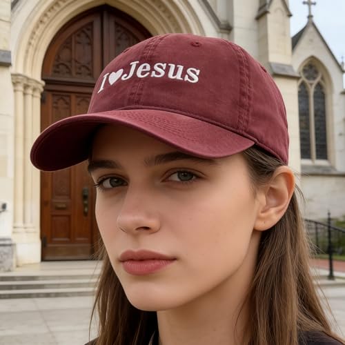 Inspirational Christian Baseball Cap, Adjustable Embroidered Cotton Hat for Men Women Dad Hat Gifts for His Her - color: I Love Jesus Heart - Wine Red