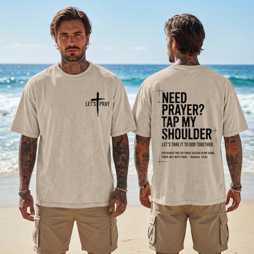 BINTEHGS Mens Christian T Shirts Need Prayer Tap My Shoulder Shirt Jesus Faith Oversized Graphic Tees God Acid Wash Tshirt - color: Apricot, size: Large
