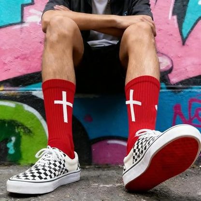 Christian Soccer Socks-Moisture-Wicking, Faith Prayer Football Anti-Slip Grip Cross Symbol&Bible Verse Youth 6-13 - color: Red