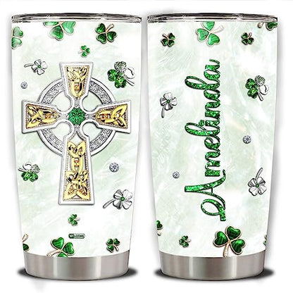 WAZONE Personalized St Patricks Day Tumbler With Lid Custom Name Stainless Steel Insulated Travel Mug Customized Gifts Green Shamrock Triquetra Celtic Knot Cross Ireland For Women Christian - color: Patricks