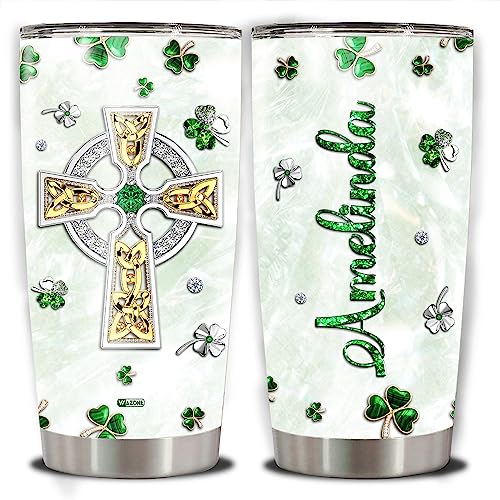 WAZONE Personalized St Patricks Day Tumbler With Lid Custom Name Stainless Steel Insulated Travel Mug Customized Gifts Green Shamrock Triquetra Celtic Knot Cross Ireland For Women Christian - color: Patricks