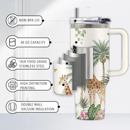 Giraffe 40 oz Tumbler, with Handle & Straw, Insulated Coffee Cup - color: Giraffe