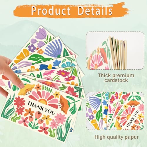 Thank You Cards Bulk with Envelopes Stickers Appreciation Cards Notes - color: flower thank you card, size: 24pcs