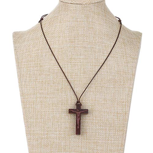 COTTVOTT Wood Orthodox Cross Pendant Necklace Christian Crucifix Necklace Prayer Jesus for Women Men - style: H-Red Color