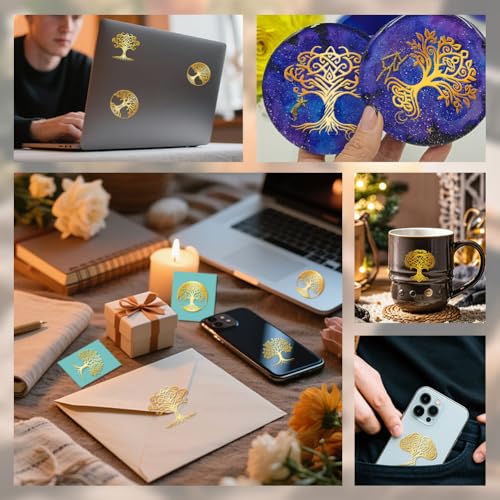 9Pcs Golden Self Adhesive Stickers 4cmx4cm Tree of Life Metal Decal Golden Tree Waterproof Decorate Sticker for Scrapbooks DIY Resin Crafts Phone Water Bottle Decoration - style: tree of life