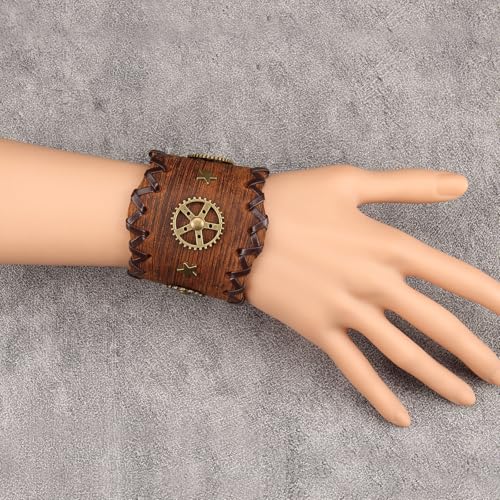 GelConnie Punk Leather Cuff Bracelet Adjustable Straps Wrap Bracelets Arm Armor Cuff Gothic Leather Wristbands for Men, Women - color: MLPB108-Brown