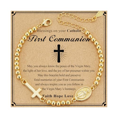 First Communion Gifts for Girls Virgin Mary Cross Bracelet Non Tarnish Baptism 1st Holy Communion Confirmation Gifts Christian Religious Catholic Jewelry - color: First Communion,Gold