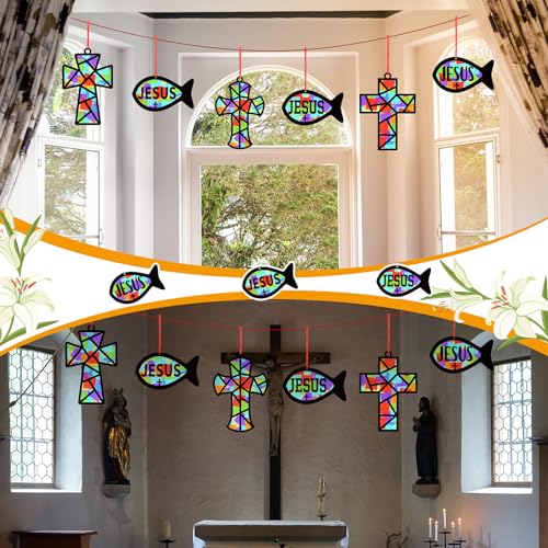 Sinload 24 Sets Religious Cross Fish Crafts Christian Suncatcher Kit - style: Fish,Cross
