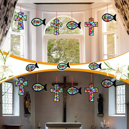 Sinload 24 Sets Religious Cross Fish Crafts Christian Suncatcher Kit - style: Fish,Cross