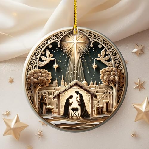 Nativity Scene Christmas Ornament 2026 – Ceramic 3 Inch Round Ornament Double Sided – Religious Holiday Tree Decoration with Holy Family & Star of Bethlehem – Christian Keepsake(Q-5) - color: Q-5