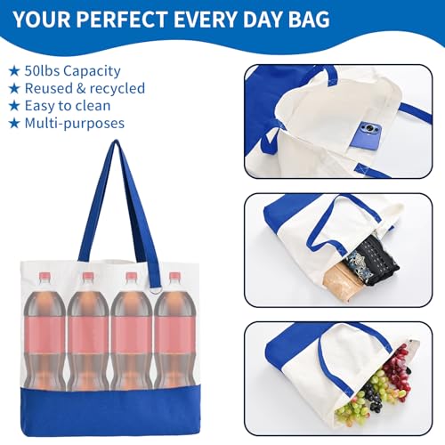 6-Pack Canvas Tote Bags with Zipper, Large Grocery Tote, Royal Blue - color: Royal Blue/White