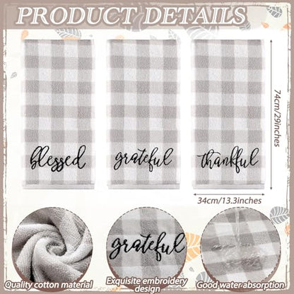 3 Pcs Gray Plaid Farmhouse Hand Towel Blessed Thankful Grateful Embroidered - color: Farmhouse, size: 13.3 x 29.5 inches