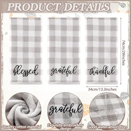 3 Pcs Gray Plaid Farmhouse Hand Towel Blessed Thankful Grateful Embroidered - color: Farmhouse, size: 13.3 x 29.5 inches