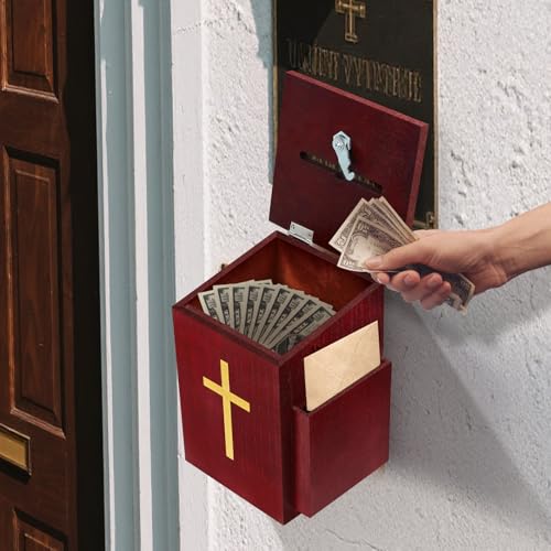 Offering Boxes for Church, Prayer Request Box with Slot and Lock - Wood Gold Cross Collection Fundraising Box Donation Charity Church Tithes - color: Dark Mahogany-1