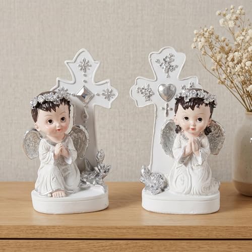 Angel Figurines Set of 2 Praying Cherub Angel Statues with Cross Backdrop White and Silver Resin Tabletop Shelf Decor for Baptism Memorial Wedding Christian Home