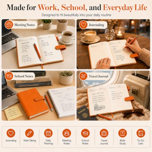 A5 Leather Journal for Women Men, Hardcover Notebook Set with Pen, orange - color: orange