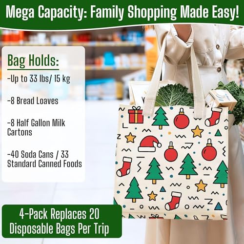 VENO 4 Pack Large Grocery Bag Reusable Shopping Bags with Hard Bottom - color: Jingle Mix - 4 Pack