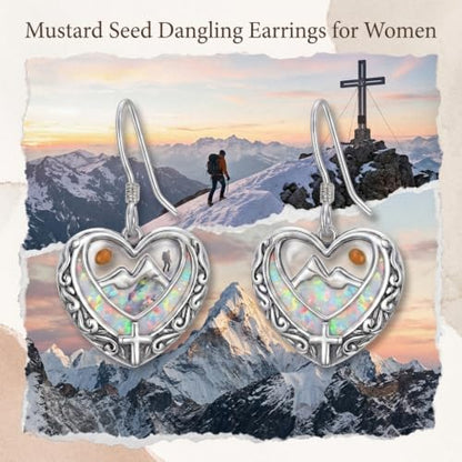 AOBOCO 925 Silver Mustard Seed Cross Heart Dangle Drop Earrings Women - color: Silver-White Opal