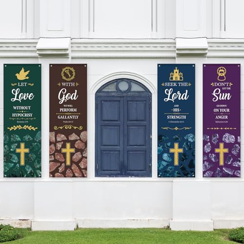 4Pcs Church Banners with Scripture for Sanctuary Wall Worship Classical Christian Banner Inspirational Religious Praise Hanging Sign Marble Backdrop for Christmas Xmas Church Sunday School Decoration