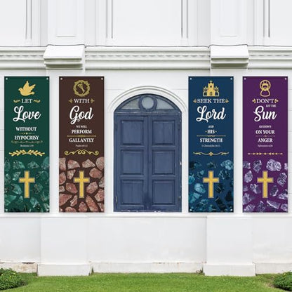 4Pcs Church Banners with Scripture for Sanctuary Wall Worship Classical Christian Banner Inspirational Religious Praise Hanging Sign Marble Backdrop for Christmas Xmas Church Sunday School Decoration