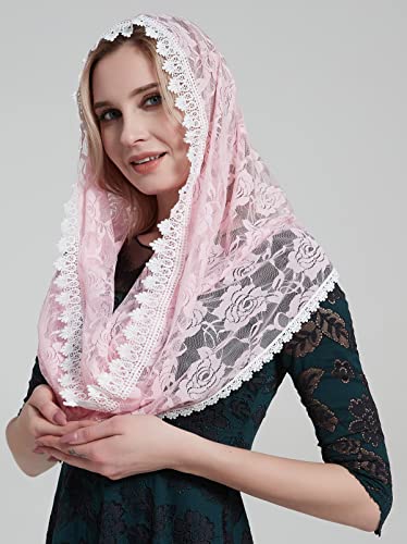 YHDDYG Infinity Veil for Catholic Mass Lace Infinity Scarf Church Veil for Girls Mantilla Infinity Veils Roses S97 - color: Pink Infinity