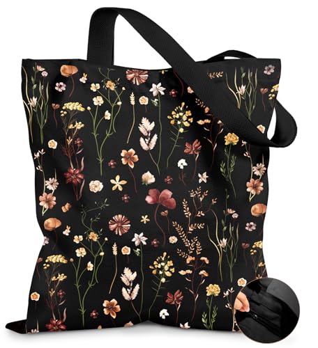 Miss Adola Canvas Tote Bag for Women with Zipper, Black Floral - color: Black Floral