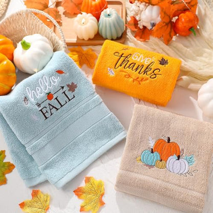 SmoothNovelty 3 Pcs Give Thanks Pumpkin Fall Hand Towels for Bathroom - color: Give Thanks, size: 13.3 x 29.5 inches