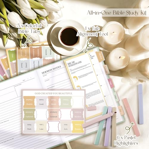 Lanpn Bible Study Guide Journals for Women with Tabs & Highlighters, Church Notes Taking Daily Devotional Journaling, Linen Bible Prayer Notebook Christian Religious Faith Based Gifts, Sage Green - color: Sage Green