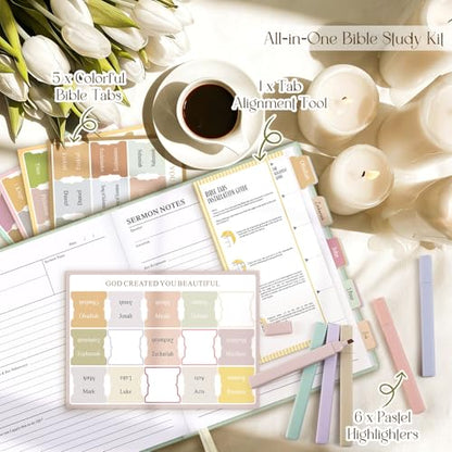 Lanpn Bible Study Guide Journals for Women with Tabs & Highlighters, Church Notes Taking Daily Devotional Journaling, Linen Bible Prayer Notebook Christian Religious Faith Based Gifts, Sage Green - color: Sage Green