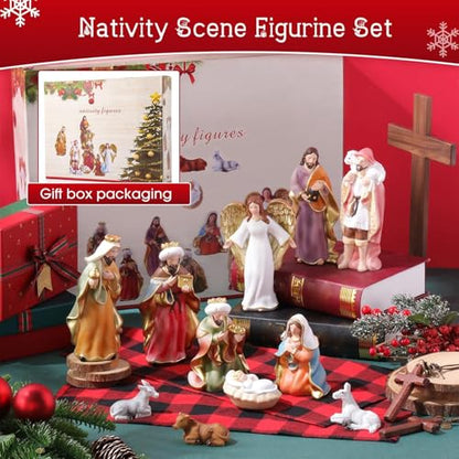 Cinnvoice 11 Pcs Christmas Nativity Gift Set Resin Nativity Scene Figurine Set 7 Holy Family Statue for Indoor Decoration Jesus Manger Sculpted Religious Gift for Xmas Family Home Tabletop