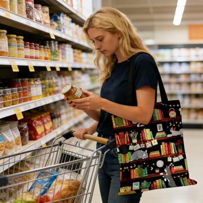 Canvas Tote Bags Reusable Shopping Bag for Women with Zippered Inner Pocket Magnetic Snap Closure - color: Bookshelf Cats