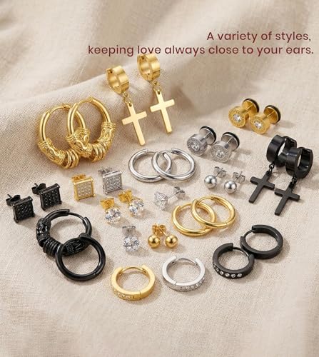 25 Pairs Earrings Set for Men and Women, Black Silver 14K Gold-Plated Mixed Earring Studs Kit Fashion Ear Piercing Jewelry Cross Dangle Hoop