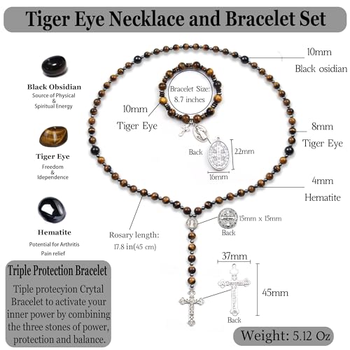 Rosary for Men Women, Natural Stone Beads with St. Benedict Bracelet - color: Tiger Eye