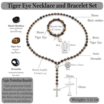 Rosary for Men Women, Natural Stone Beads with St. Benedict Bracelet - color: Tiger Eye