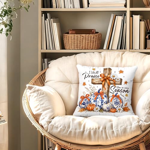 Fall Chinoiserie Pumpkin Christian Cross Throw Pillow Covers 18x18 - color: Pumpkin-1