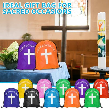 Draupnir Jesus Loves You Drawstring Backpack Bulk Church School Easter Religious Gift Bag Bible Bag Polyester Backpack for Christian Religion Gift(30 Pcs,Cross)