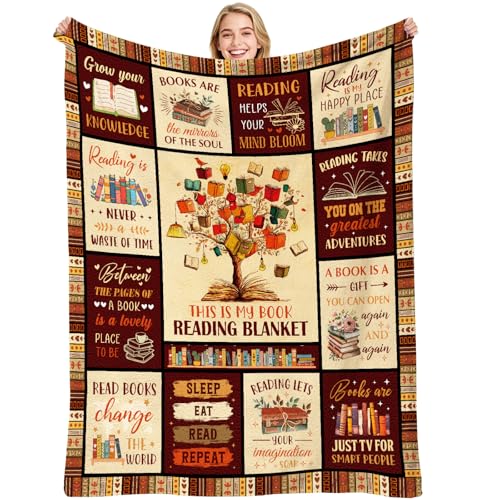 Book Lovers Gifts Blanket, Book Reading Throw Blanket, Librarian Bookish Books Club Gift for Women Readers Bookworms Birthday Graduation Present Ideas Soft Flannel Blankets 50'' x 60'' - color: Brown-book Reading