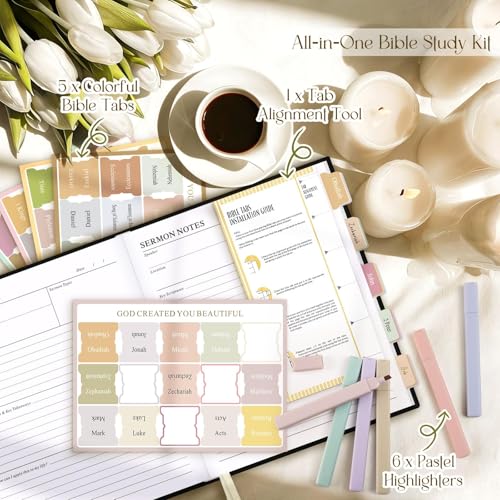 Lanpn Bible Study Guide Journals for Men with Tabs & Highlighters, Church Notes Taking Daily Devotional Journaling, Linen Bible Prayer Notebook Christian Religious Faith Based Gifts, Black - color: Black