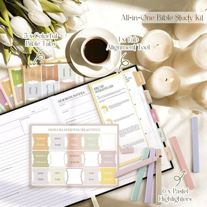 Lanpn Bible Study Guide Journals for Men with Tabs & Highlighters, Church Notes Taking Daily Devotional Journaling, Linen Bible Prayer Notebook Christian Religious Faith Based Gifts, Black - color: Black