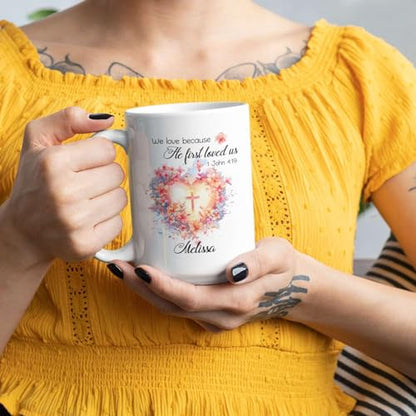 Floral Heart And Cross Design Accent Mug, Customized Name Christian Bible Verse Cup, Gift For Christian Men Women, Personalized Religious Coffee Mug 11oz 15oz, Custom Bible Verse Ceramic Cup - color: HOA-624-2166-WE LOVE MUG