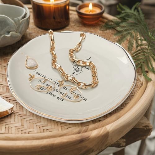 Christian Jewelry Dish with Bible Verse Ring Dish, Inspirational Scripture Ceramic Trinket Tray, Religious Gift for Women, Christian Gift for Friend - color: I Can Do All Things Through Christ Who Strengthens Me