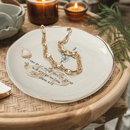 Christian Jewelry Dish with Bible Verse Ring Dish, Inspirational Scripture Ceramic Trinket Tray, Religious Gift for Women, Christian Gift for Friend - color: I Can Do All Things Through Christ Who Strengthens Me