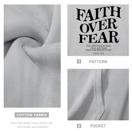 Fkatuzi Christian Faith Over Fear Hoodies For Teen Jesus Hoodie God Sweatshirt Bible Verse Religious Graphic Tops - color: Light Gray, size: Medium